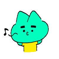 a drawing of a green cat with a yellow shirt and a music note