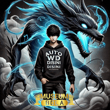 a boy with a hoodie that says auto wid disini disini stands in front of a blue dragon