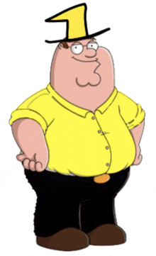 peter griffin from family guy wearing a yellow shirt and a yellow top hat