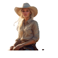 a woman wearing a cowboy hat and a tan shirt