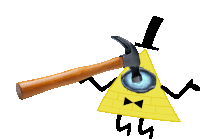 bill cipher from gravity falls is holding a hammer over his eye