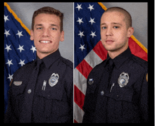 two police officers are posing for a photo in front of an american flag