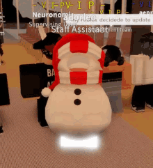 a person is standing next to a snowman in a room in a game .