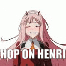 a picture of a girl with horns and the words `` hop on henri '' written on it .