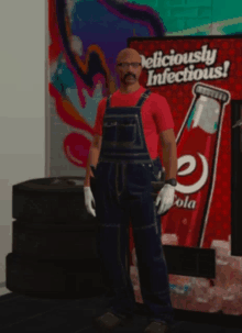 a man in overalls stands in front of an advertisement for deliciously infectious cola