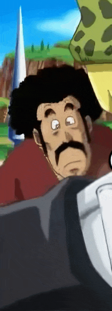 a close up of a cartoon character with a mustache and curly hair