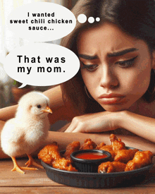 a woman is looking at a plate of chicken wings with a speech bubble that says " that was my mom " above her