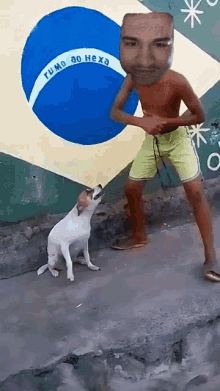 a shirtless man is standing next to a dog with a flag in the background that says rumo ao hexa