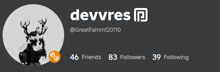 devvres has 46 friends and 83 followers following him