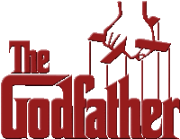 a red logo for the godfather with a hand holding a gun