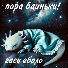 a picture of an axolotl in a blue dress with a galaxy in the background and the words " nopa bainuku "