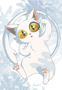 a cartoon drawing of a white cat with green eyes