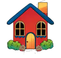 a red house with a blue roof and a chimney