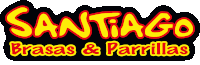 a logo for santiago brasas and parrillas with yellow and red letters