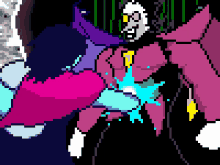 a pixel art drawing of a cartoon character with a purple cape