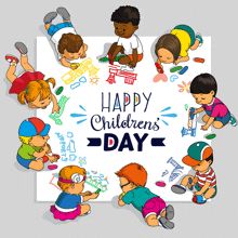 a happy children 's day greeting card with children drawing on a white board