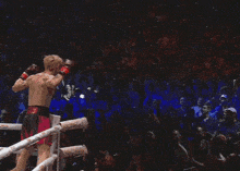 a boxer in a ring with a crowd behind him and a sign that says ' a ' on it