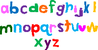 the letters abcdefghijklmnopqrstuvwxyz are displayed in a colorful font