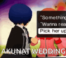 a man in a suit and tie is standing next to a girl in a pink dress and a sign that says akunat wedding