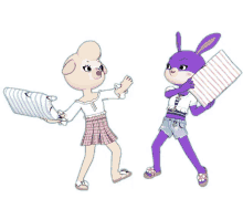 a purple bunny is holding a pillow next to a white bunny