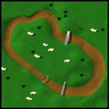 a computer generated image of a grassy field with a path