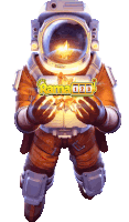 a man in a space suit is holding something in his hands and says rama 123 on the bottom