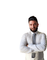 a man with a beard wearing a white shirt and tie with his arms crossed