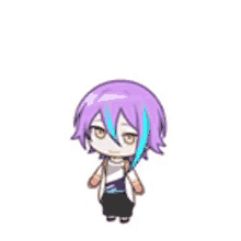 a chibi character with purple hair and blue streaks is standing in front of a white background .