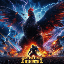 a movie poster for museum bola shows a giant chicken and a giant monster