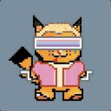 a pixel art drawing of a cat wearing sunglasses and a pink shirt