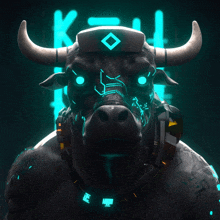 a bull wearing headphones and a hat with the letter k on it 's head