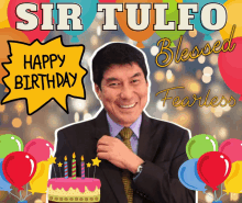 a happy birthday card for sir tulleo with balloons and a cake