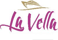 a purple and gold logo for la vella with a boat in the background