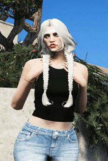 a woman with white hair and braids is wearing a black top and jeans