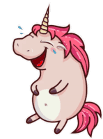 a cartoon unicorn with a pink mane and horn is laughing with tears coming out of its eyes .