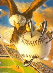 a bald eagle is holding a baseball in its talons