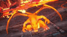 a cartoon dragon is laying on the ground in front of a lava wall .