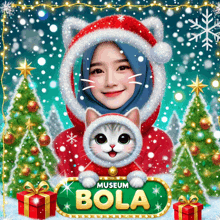 a woman in a santa hat is holding a cat in front of a sign that says " museum bola "