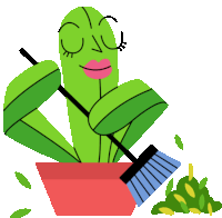 a cartoon illustration of a cactus holding a broom and smiling