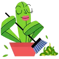 a cartoon illustration of a cactus holding a broom and smiling