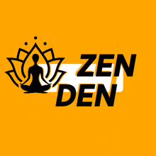 a logo for zen den with a silhouette of a person sitting on a lotus flower