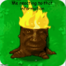 a drawing of a tree stump with a face on it and the words " me reacting to that information " below it