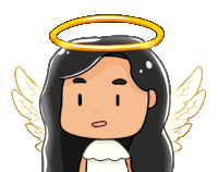 a cartoon angel with black hair and wings has a halo on her head