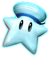 a white star with black eyes and a blue hat on it