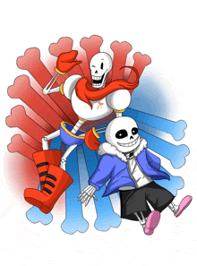 a cartoon drawing of papyrus and sans with bones behind them