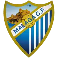 a malaga c.f. logo with a soccer ball in the middle