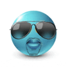 a blue smiley face with sunglasses and a mustache .