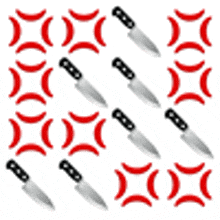 a seamless pattern of knives with red handles on a white background