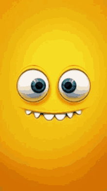 a yellow smiley face with big blue eyes and teeth