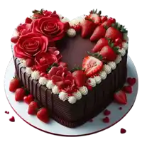 a heart shaped chocolate cake with strawberries and roses on it